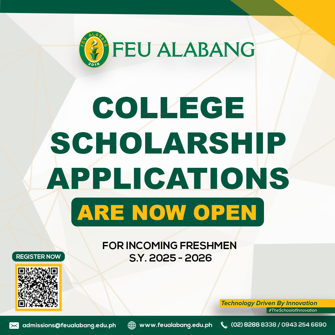 Don’t miss your chance to become a Tamaraw scholar at FEU Alabang for S.Y. 2025-2026 and receive 𝘂𝗽 𝘁𝗼 ₱𝟭,𝟬𝟬𝟬,𝟬𝟬𝟬 𝘄𝗼𝗿𝘁𝗵 𝗼𝗳 𝘀𝗰𝗵𝗼𝗹𝗮𝗿𝘀𝗵𝗶𝗽𝘀 𝗮𝗻𝗱 𝗴𝗿𝗮𝗻𝘁𝘀.

Register here: tinyurl.com/FEUA-Scholarsh…