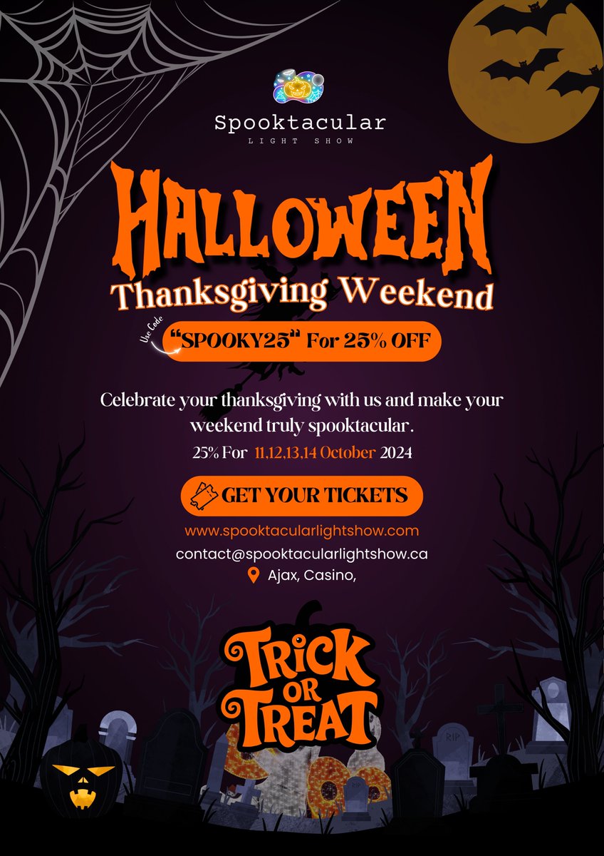 Spooktacularli's tweet photo. 🎃✨ Spooktacular Light Show Thanksgiving Weekend Special! ✨🎃

Get ready for a magical experience this Thanksgiving weekend, which also marks our opening weekend! We’re offering an exclusive 25% OFF on tickets for our Spooktacular Light Show on October 11, 12, 13 and 14.

Use promo code "Spooky25" at checkout to enjoy this special discount. Bring your family and friends for an unforgettable night of lights, music, and fun!

📅 Dates: October 11, 12, 13 and 14 - 2024
🎟️ Discount: 25% OFF with promo code SPOOKY25

Celebrate your Thanksgiving with us and make your weekend truly spooktacular! 🎉

Get your Tickets at https://t.co/pSZC90q1Zc