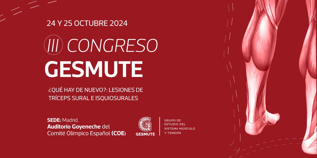 Nosotros no nos perderíamos esta reunión entre expertos del sistema músculo-tendón:

👉🏻III Congreso <a href="/GESMUTE_/">GESMUTE</a> 
🗓️24 y 25 de octubre
📍<a href="/COE_es/">Comité Olímpico Español</a>, Madrid

Reserva tu plaza: bsj.servicioapps.com/w/congresogesm…

¡Nos vemos allí!👋🏻