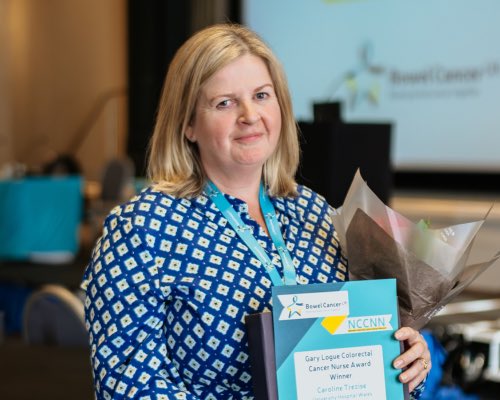 So proud of Caroline Trezise for receiving  the Bowel Cancer UK Gary Logue Colorectal Cancer Nurse award for her fantastic work with our new All-Wales Colorectal Peritoneal Metastasis Service. Thoroughly deserved!