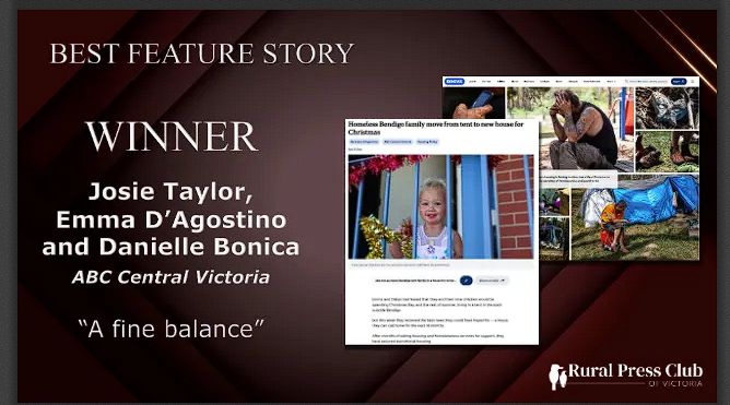 Congrats to winners of the #RPCVAwards 2024 Best Feature Story: Josie Taylor, Emma  D’Agostino and Danielle Bonica of ABC Central Victoria for ‘A Fine Balance’. Award sponsor: Stock and Land
abc.net.au/news/2023-12-0…