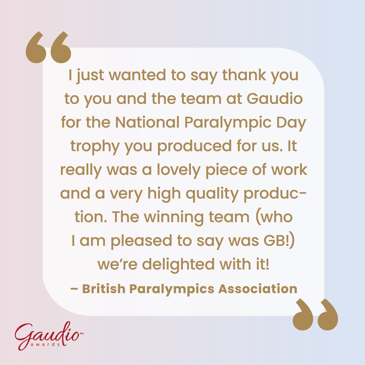"I just wanted to say thank you to you and the team at Gaudio for the National Paralympic Day trophy you produced for us. It really was a lovely piece of work and a very high quality production...."

#customerfeedback #happycustomer #EventProfsUK