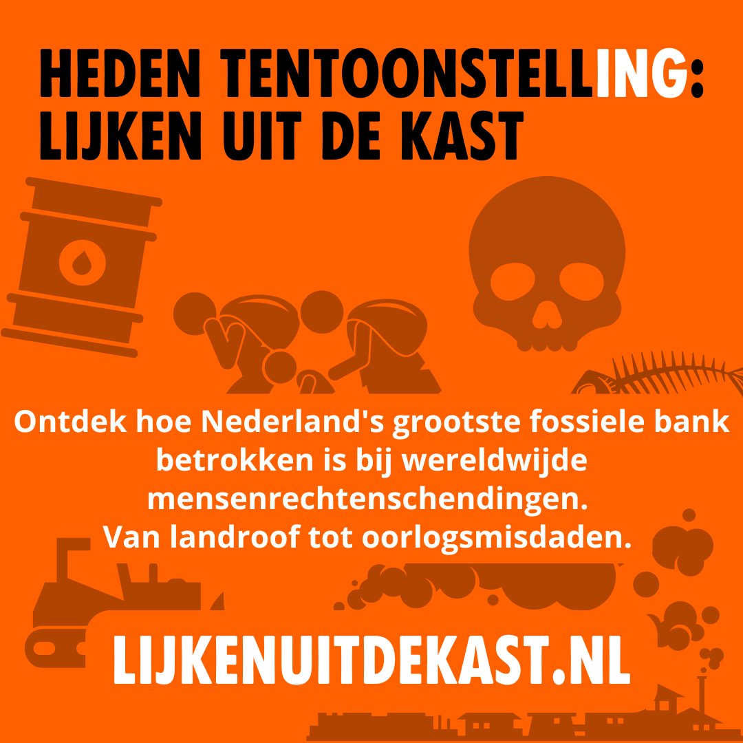 ING's duistere geheimen onthuld! Vandaag tonen we de tentoonstelling 'Lijken Uit De Kast' in het ING-hoofdkantoor. Ontdek hoe Nederland's grootste fossiele bank betrokken is bij wereldwijde mensenrechtenschendingen. Van landroof tot oorlogsmisdaden. Meer: lijkenuitdekast.nl