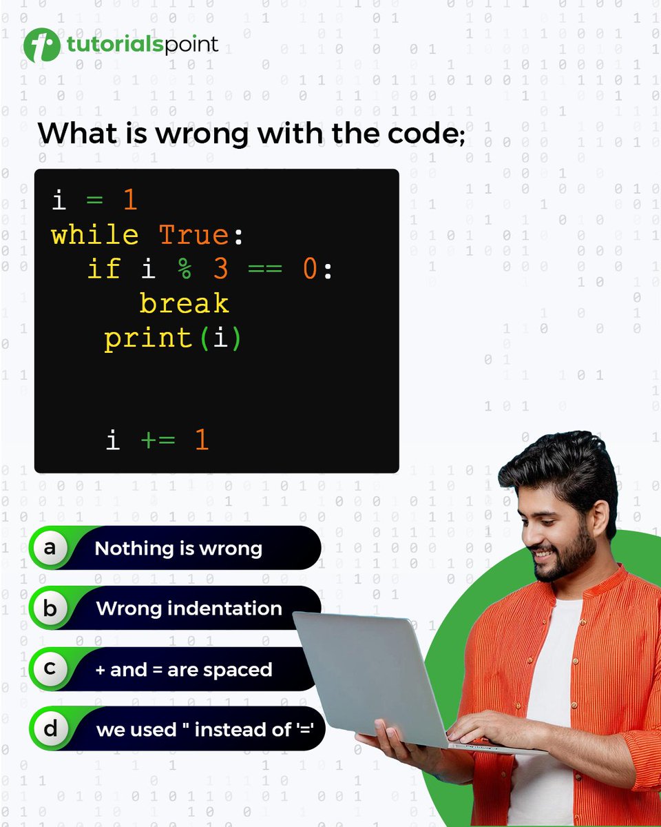 tutorialspoint's tweet image. Coding Challenge! 🧑‍💻
Comment your answer below and let&apos;s see who gets it right! 👇

#CodeChallenge #ProgrammingQuiz #Debugging