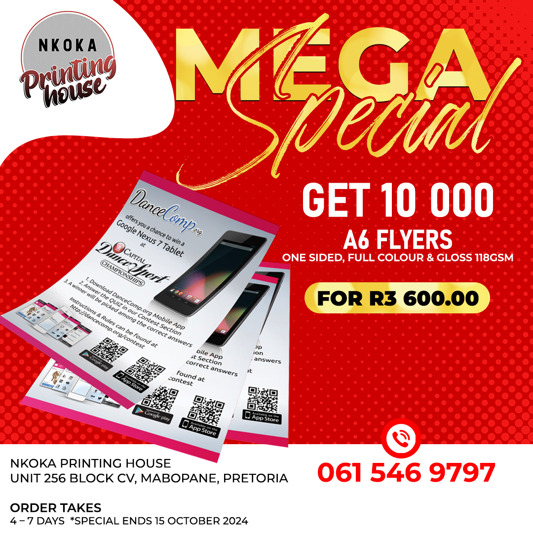 Don`t miss this One!!!!!!!

Get 10 000 A6 Flyers, Single Sided  For only R3 600.00

Order - Nkokaprinting@gmail.com / 0615469797

#Special #Design #Print #Mabopane #Pretoria #Nkoka