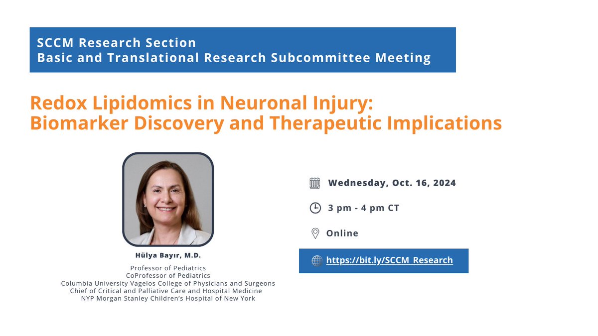 SCCM Research Section (@sccm_research) on Twitter photo Join us on Wed. Oct 16th at 3PM CT for the #SCCMResearch Section Basic & Translational Research Subcommittee Webinar on "Redox Lipidomics in Neuronal Injury: Biomarker Discovery and Therapeutic Implications”!
Zoom link at bit.ly/SCCM_Research
<a href="/SCCM/">SCCM</a> <a href="/ColumbiaPS/">Columbia Vagelos College of Physicians & Surgeons</a> <a href="/nyphospital/">NewYork-Presbyterian</a> Join us on Wed. Oct 16th at 3PM CT for the #SCCMResearch Section Basic & Translational Research Subcommittee Webinar on "Redox Lipidomics in Neuronal Injury: Biomarker Discovery and Therapeutic Implications”!
Zoom link at bit.ly/SCCM_Research
<a href="/SCCM/">SCCM</a> <a href="/ColumbiaPS/">Columbia Vagelos College of Physicians & Surgeons</a> <a href="/nyphospital/">NewYork-Presbyterian</a>