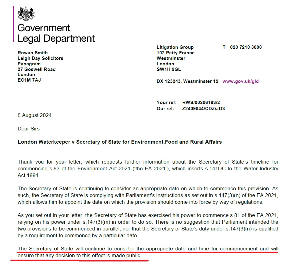 The last Government didn't fully activate its own law, the Environment Act 2021.
The clause to make water companies "secure a progressive reduction in the adverse impacts of discharges from storm overflows" isn't in force.
We asked the new Government to do it, they haven't yet.
