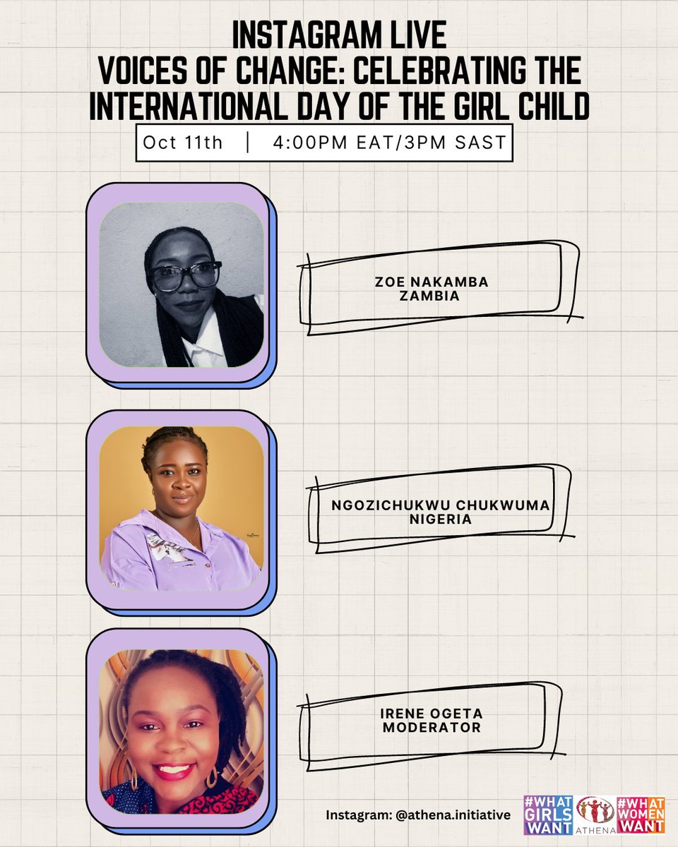 🌟 Join us today for a special IG Live in honour of International Day of the Girl Child! Let’s celebrate girls' empowerment, share inspiring stories, and discuss how we can all make a difference. 💪✨

🕒 Time: 4pm EAT/3pm SAST
📅 Date: Today!
  IG: <a href="/athena/">Athena</a>.initiative