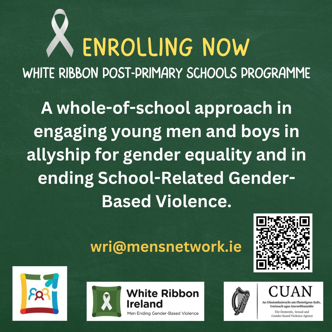 White Ribbon Ireland (@whiteribbonirl) on Twitter photo Enrolling now! - The White Ribbon Post-Primary School Programme is a comprehensive programme targeting school teachers, staff, and management. The WRPPSP has three programme areas â E-learning Academy, Training of Trainers, and Strategic partnerships. For info: wri@mensnetwork.ie Enrolling now! - The White Ribbon Post-Primary School Programme is a comprehensive programme targeting school teachers, staff, and management. The WRPPSP has three programme areas â E-learning Academy, Training of Trainers, and Strategic partnerships. For info: wri@mensnetwork.ie