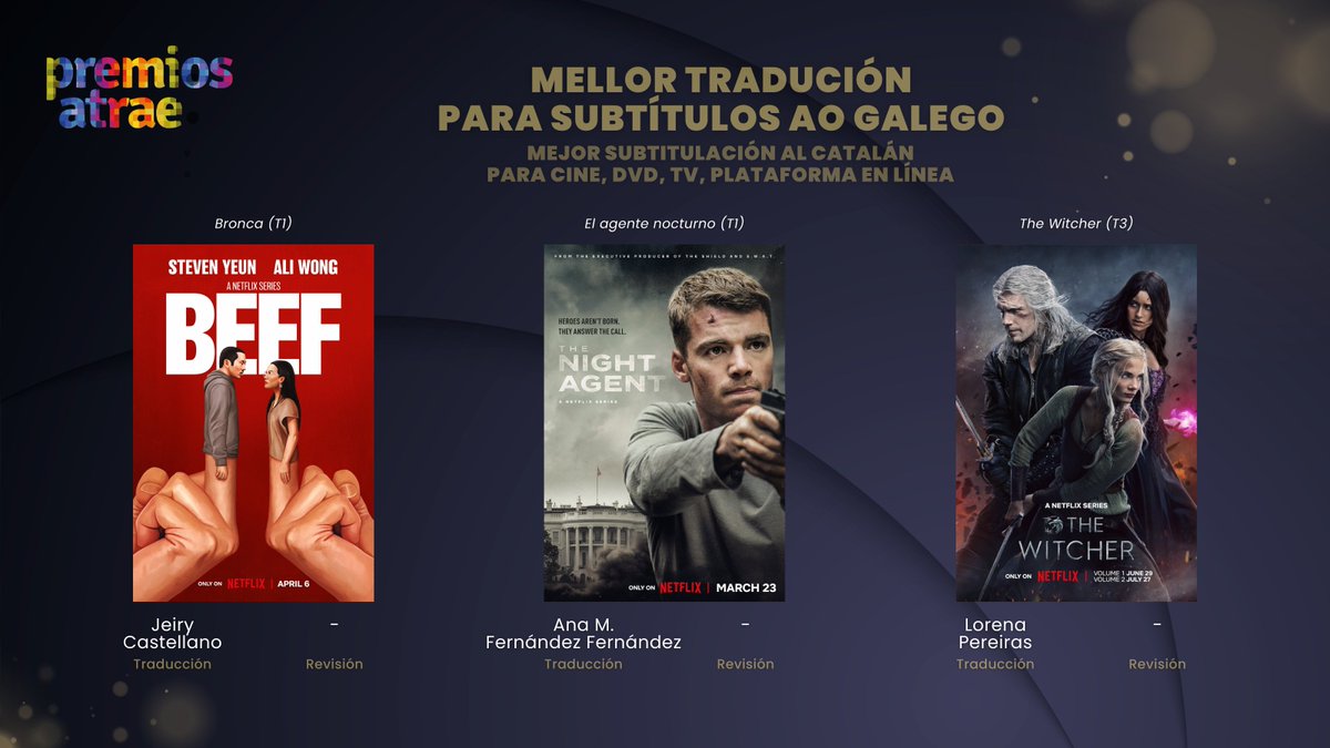 🥳 Queremos dar os parabéns a todas as tradutoras finalistas dos #XIIPremiosATRAE.

👏 E en especial ás profesionais finalistas das categorías en galego, onde as nosas socias <a href="/mariasuareztrad/">María Suárez</a>, <a href="/sirmagda/">magdalena sánchez</a>, Manuel Arca e Ana M. Fernández poden saír galardoadas.

Até o 26 de outubro!