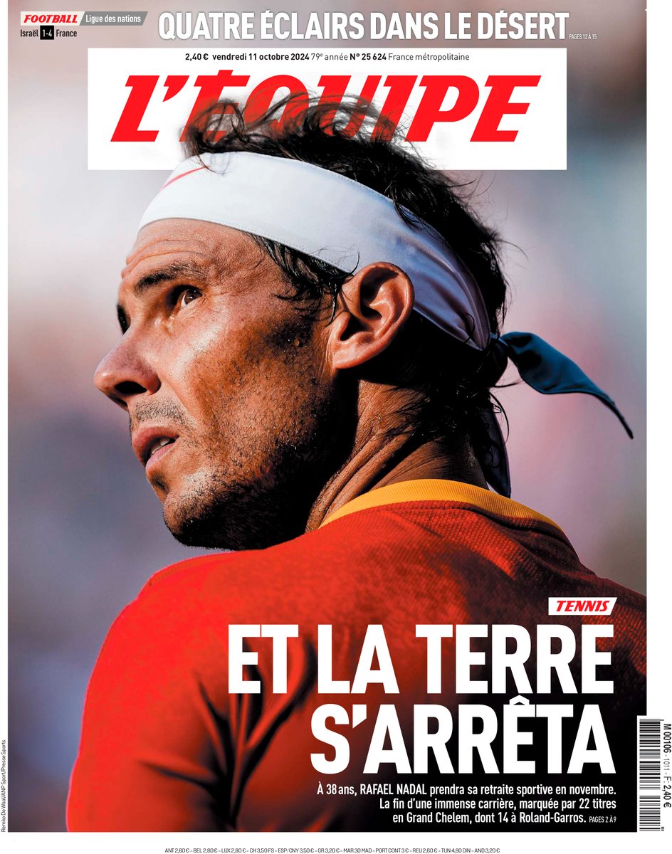 Hoy <a href="/RafaelNadal/">Rafa Nadal</a> acapara todas las portadas de los periódicos nacionales, pero yo me quedo con una de fuera, por el significado de quien es Rafa fuera de nuestras fronteras
No solo la primera página, sino las 10 primeras es un homenaje a su carrera deportiva. Merci <a href="/lequipe/">L'Équipe</a> !
