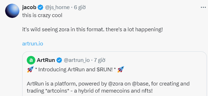 ✅ Tiềm năng - Update: ArtRun
Kèo cũ: t.me/cryptofxvn/7412

🍁 Hiện meme bên Zora vừa bắt đầu fomo. Điển hình là $ZKRT (đã launch trên ArtRun vừa rồi), chỉ trong 2 ngày đã x10 sau khi tin Zora sắp mainnet

🍁  Hiện đang mở mint con $Run : hàng chính chủ của