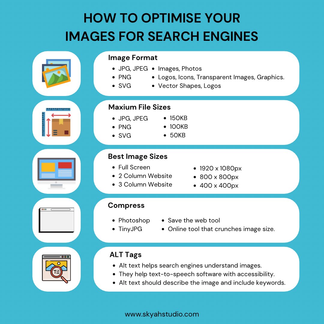 SkyahStudio's tweet image. Boost your SEO by optimizing images! 📈 Use the right formats, sizes, compression, and ALT tags to improve ranking and accessibility. 🔍✨
#seo #imageoptimization #seotips #webdesign #alttags #boostseo