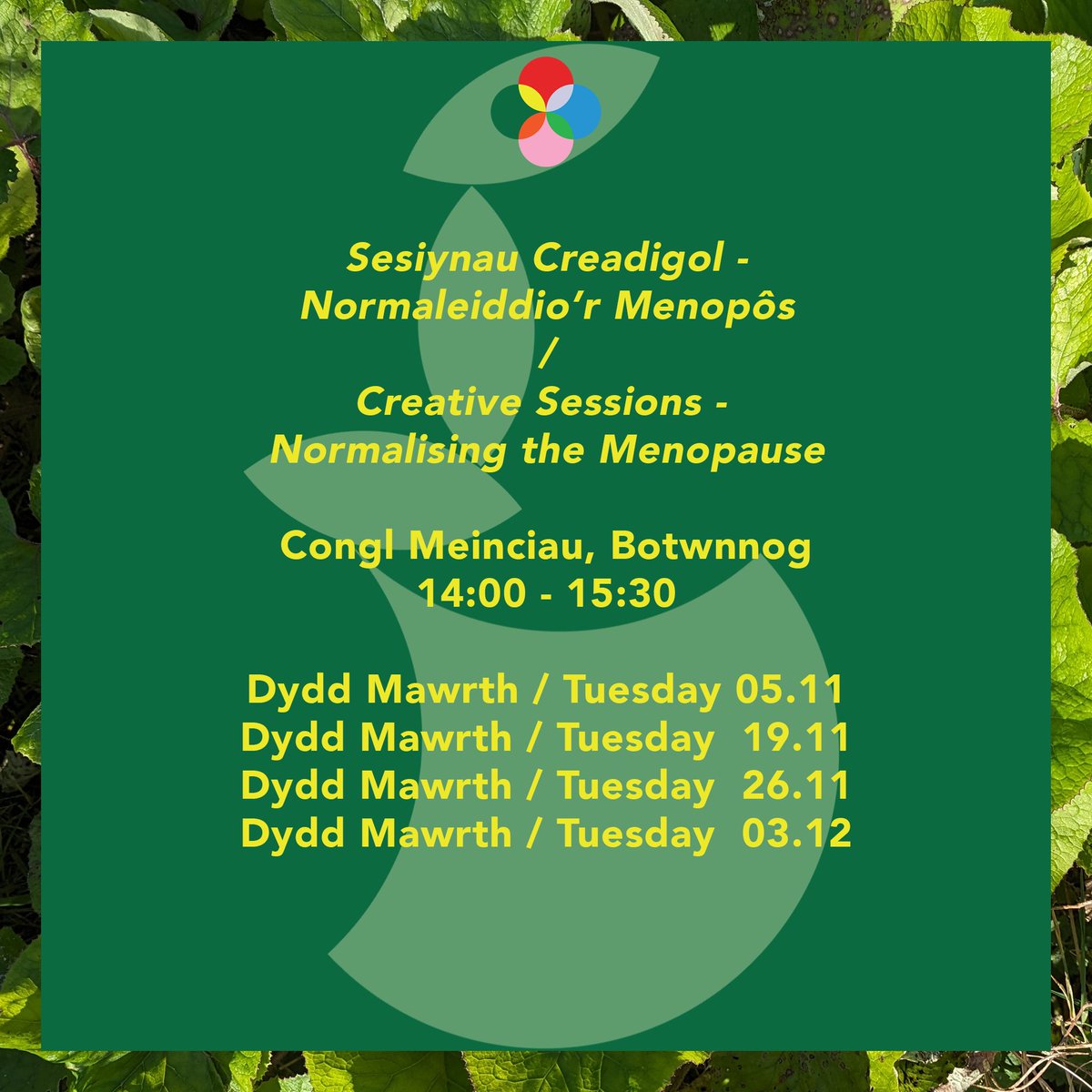 ✨Hapus iawn i rannu y bydd ein hartistiaid ni sef <a href="/sioned_medi/">Sioned Medi Evans</a> <a href="/YnyrIola/">Iola Ynyr</a> yn cynnal sesiynau creadigol fydd yn anelu at normaleiddio'r menopôs yn <a href="/Conglmeinciau/">Congl Meinciau</a> - gyda'r sesiwn cyntaf am 14:00 - 15:30 ar y 5ed o Dachwedd.