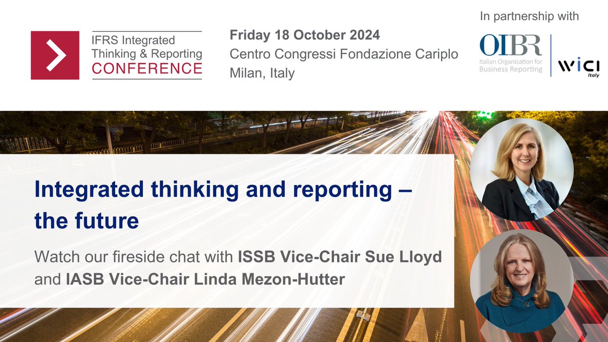 There’s one week to go until #ITIRConference24 and you can still join us online! ISSB Vice-Chair Sue Lloyd and IASB Vice-Chair Linda Mezon-Hutter will provide insights into the future of #integratedthinking and #integratedreporting.
💻🎟️ifrs.org/news-and-event…