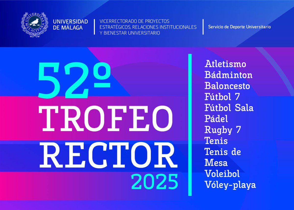 🙌 Comienza el calendario de competiciones del 🏆Trofeo Rector 2025.

Hasta el 31 de octubre, inscripciones abiertas para la modalidad de ⚽️Fútbol 7.

ℹ️ Más información y normativa: uma.es/uma-deportes/i…