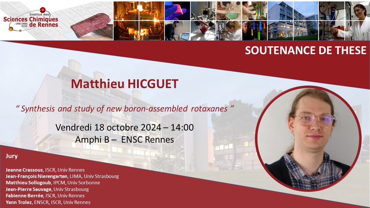 ISCR (@chimie_iscr) on Twitter photo Matthieu Hicguet #ISCR présentera ses travaux de thèse 📅vendredi 18 octobre 2024 à 14:00 - Amphi B, <a href="/ENSCR/">ENSCR</a>
➡️openagenda.com/institut-des-s…
<a href="/CNRSchimie/">CNRS Chimie</a> <a href="/CNRS_dr17/">CNRS Bretagne et Pays de la Loire</a> <a href="/RennesUniv/">Université de Rennes</a> <a href="/ENSCR/">ENSCR</a> <a href="/INSA_Rennes/">INSA Rennes</a> <a href="/HicguetMatthieu/">Matthieu Hicguet</a> <a href="/YTrolez/">Yann Trolez</a> Matthieu Hicguet #ISCR présentera ses travaux de thèse 📅vendredi 18 octobre 2024 à 14:00 - Amphi B, <a href="/ENSCR/">ENSCR</a>
➡️openagenda.com/institut-des-s…
<a href="/CNRSchimie/">CNRS Chimie</a> <a href="/CNRS_dr17/">CNRS Bretagne et Pays de la Loire</a> <a href="/RennesUniv/">Université de Rennes</a> <a href="/ENSCR/">ENSCR</a> <a href="/INSA_Rennes/">INSA Rennes</a> <a href="/HicguetMatthieu/">Matthieu Hicguet</a> <a href="/YTrolez/">Yann Trolez</a>