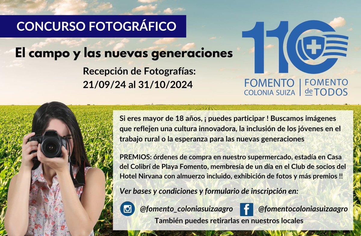 CAFUruguay's tweet photo. 📢Nuestra socia @fomentocolsuiza celebra su 110º aniversario invitando a participar de concurso fotográfico

📆Hasta el 31/10 se puede enviar fotos sobre: El campo y las nuevas generaciones 

Sumate y mostrá tu talento‼️ 📸😃

▶️Toda la info:
https://t.co/erbzqCaH8U https://t.co/tvgBqE7JXK