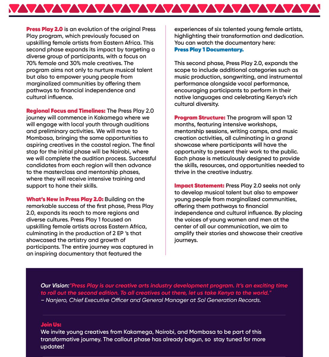 solgeneration_'s tweet image. The Pressplay2.0 journey with Solgenerationmusic continues!🚀
Are you a creative in the music scene with dreams of leaving a lasting legacy? Your moment is here!
We're gearing up to transform 250 creative across Kenya , and 
#PressPlay2.0 #solgeneration
#SanaraKE#YoungAfricaWorks