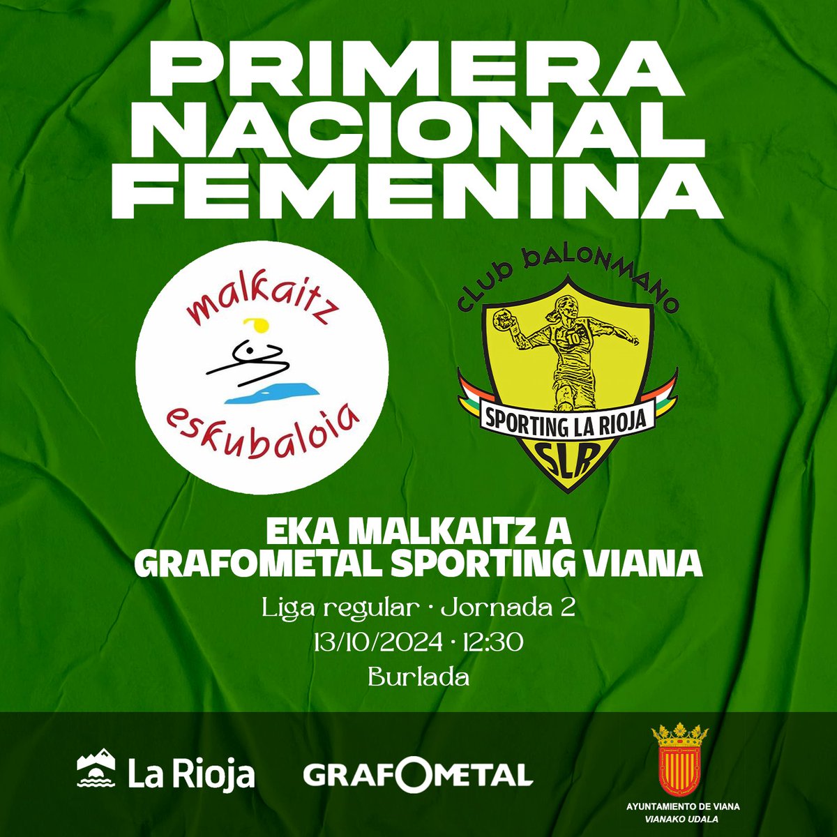 BMSportingLR's tweet photo. ℹ️ CANTERA | Grafometal Sporting Viana

Hoy nuestro Primera Nacional juega su segunda jornada en Burlada.
¡Mucha suerte para nuestras chicas!

#SienteSporting💚💛 https://t.co/jSsegAj7lX