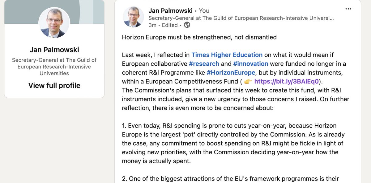 Jan Palmowski (@janpalmowski) on Twitter photo Further to my discussion in <a href="/timeshighered/">Times Higher Education</a>, more reasons why R&I instruments within a 'Competitiveness Fund' is problematic:
➡️R&I funds could be misallocated for other ends
➡️researchers need longer timeframes
➡️we'd destroy our capacity or global collaboration Further to my discussion in <a href="/timeshighered/">Times Higher Education</a>, more reasons why R&I instruments within a 'Competitiveness Fund' is problematic:
➡️R&I funds could be misallocated for other ends
➡️researchers need longer timeframes
➡️we'd destroy our capacity or global collaboration