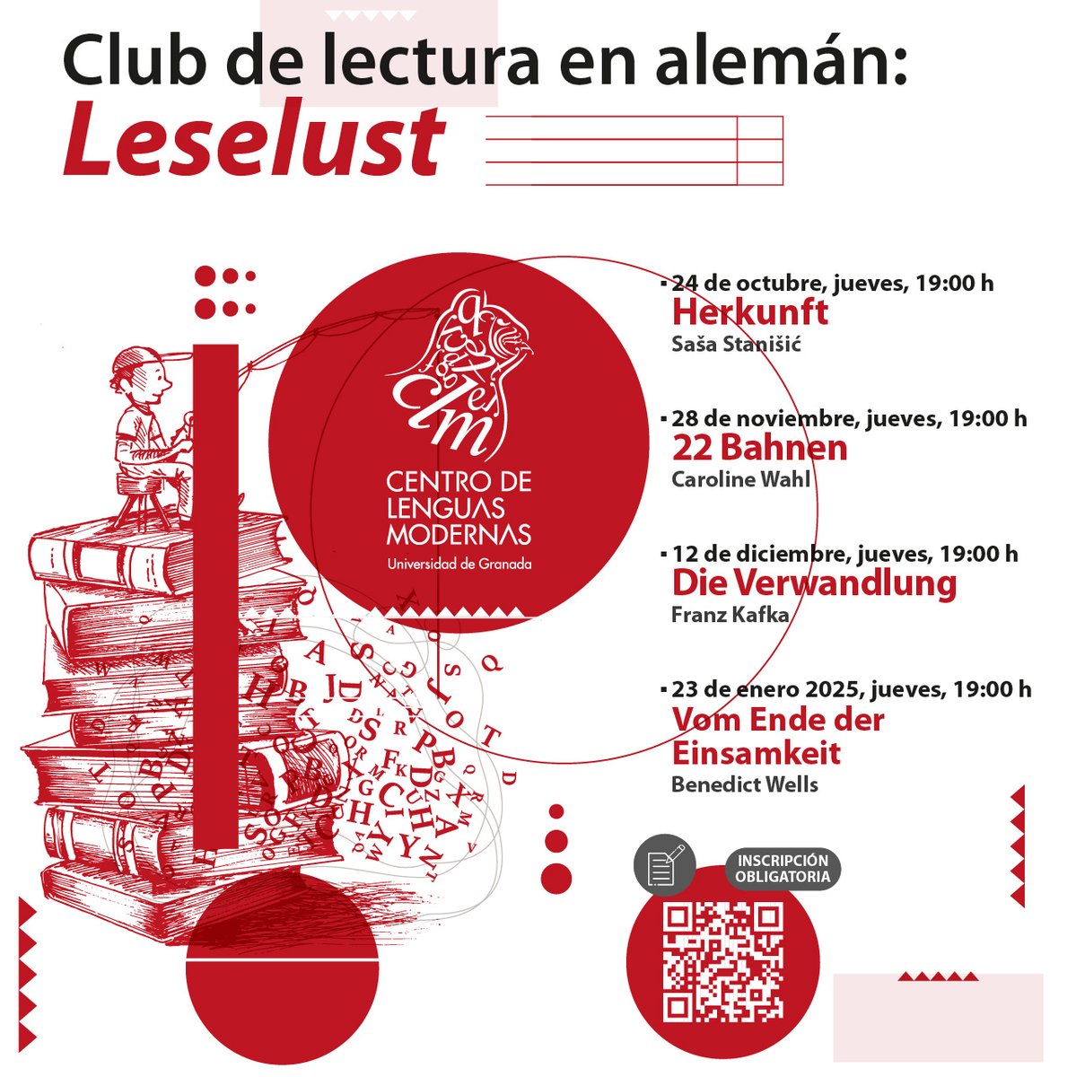 clmgranada's tweet photo. 📚✨ ¡Únete al CLUB de LECTURA en ALEMÁN: LESELUST! 

📆 Próximas sesiones:
📖24 oct: Herkunft (Saša Stanišić)
📖28 nov: 22 Bahnen (Caroline Wahl)
📖12 dic: Die Verwandlung (Franz Kafka)
📖23 ene: Vom Ende der Einsamkeit (Benedict Wells)

¡Te esperamos! https://t.co/7aSdTNnmOx