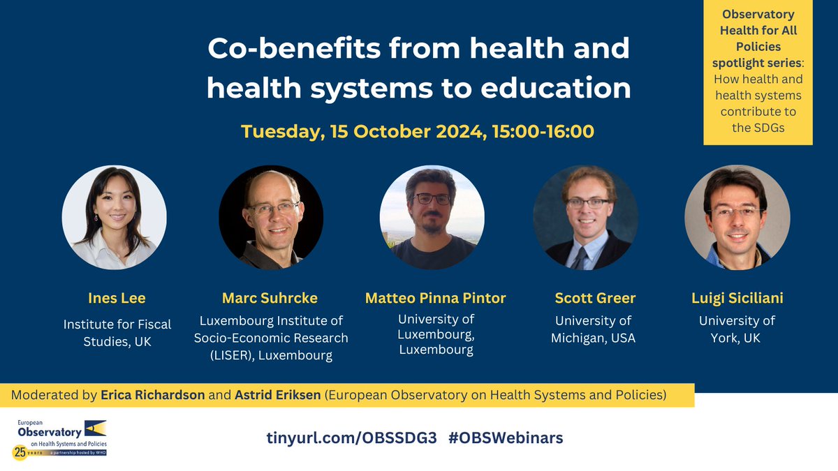 European Observatory on Health Systems & Policies (@obshealth) on Twitter photo #Healthinterventions during the prenatal, infant, and childhood period improve education outcomes over the life course. But how does a comprehensive approach look like? Join us at #OBSWebinars to find out!
📝Tuesday 15 Oct, 15:00 CET
➡️tinyurl.com/OBSSDG3 w/<a href="/scottlgreer/">Scott L. Greer 🇺🇦</a> #Healthinterventions during the prenatal, infant, and childhood period improve education outcomes over the life course. But how does a comprehensive approach look like? Join us at #OBSWebinars to find out!
📝Tuesday 15 Oct, 15:00 CET
➡️tinyurl.com/OBSSDG3 w/<a href="/scottlgreer/">Scott L. Greer 🇺🇦</a>