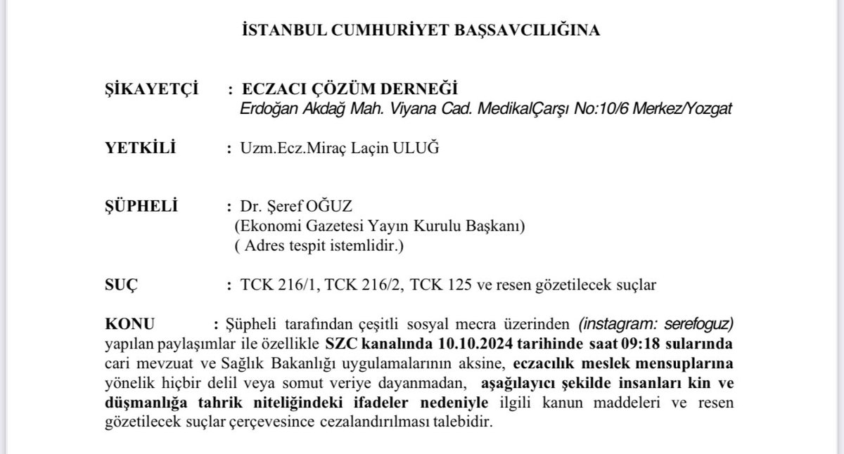 Sizi takip eder ve taktir ederdim ama ne yazık ki zülfü yâre dokundunuz. 

Sizden ricam dosyayı inceleyip bir eczacı 5 yıl boyunca ne için okur öğrenmeniz ve bundan sonra “Eczacı” derken 2 kere düşünüp konuşmanız.

<a href="/serefoguz/">Şeref Oğuz</a>