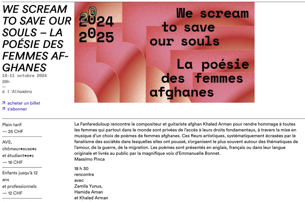 Denis Duboule (@duboule) on Twitter photo La touchante poésie des femmes afghanes par Khaled Arman🙏 Chantée et mise en musique par la <a href="/fanfareduloup/">fanfareduloup</a> à l'#Alhambra de Genève, ce soir 11 octobre. Conférence à 18.30h, concert à 20h👍<a href="/UNIGEnews/">Université de Genève</a> <a href="/EPFL/">EPFL</a> La touchante poésie des femmes afghanes par Khaled Arman🙏 Chantée et mise en musique par la <a href="/fanfareduloup/">fanfareduloup</a> à l'#Alhambra de Genève, ce soir 11 octobre. Conférence à 18.30h, concert à 20h👍<a href="/UNIGEnews/">Université de Genève</a> <a href="/EPFL/">EPFL</a>
