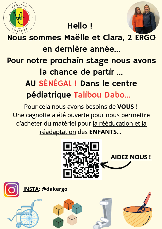 [ACTU] Dans le cadre d'un stage au centre pédiatrique Talibou Dado, Sénégal, Clara DELALANDE et Maëlle DESSALAS, ifpékiennes, lancent une cagnotte 💰 participative pour acheter du matériel de rééducation et réadaptation.

👉 Pour participer à leur projet : lydia-app.com/pots?id=41183-…