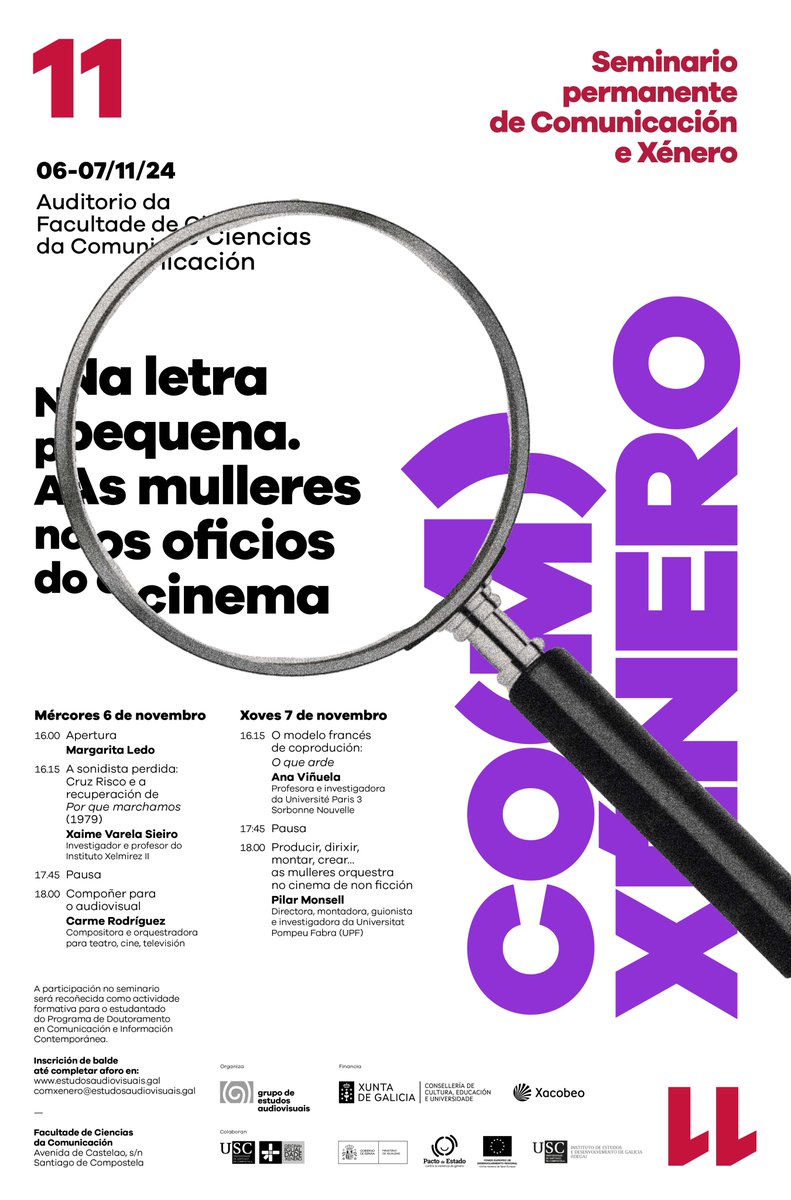 Cluster Audiovisual (@clagaudiovisual) on Twitter photo <a href="/GEA_USC/">estudos_audiovisuais</a> celebrará os días 6 e 7 de novembro, en Santiago, CO(M)XÉNERO XI. Na letra pequena. As mulleres nos oficios do cinema.
Inscricións de balde. Prazo: ata o 4 de novembro.
+ info: acortar.link/DucW7Q <a href="/GEA_USC/">estudos_audiovisuais</a> celebrará os días 6 e 7 de novembro, en Santiago, CO(M)XÉNERO XI. Na letra pequena. As mulleres nos oficios do cinema.
Inscricións de balde. Prazo: ata o 4 de novembro.
+ info: acortar.link/DucW7Q
