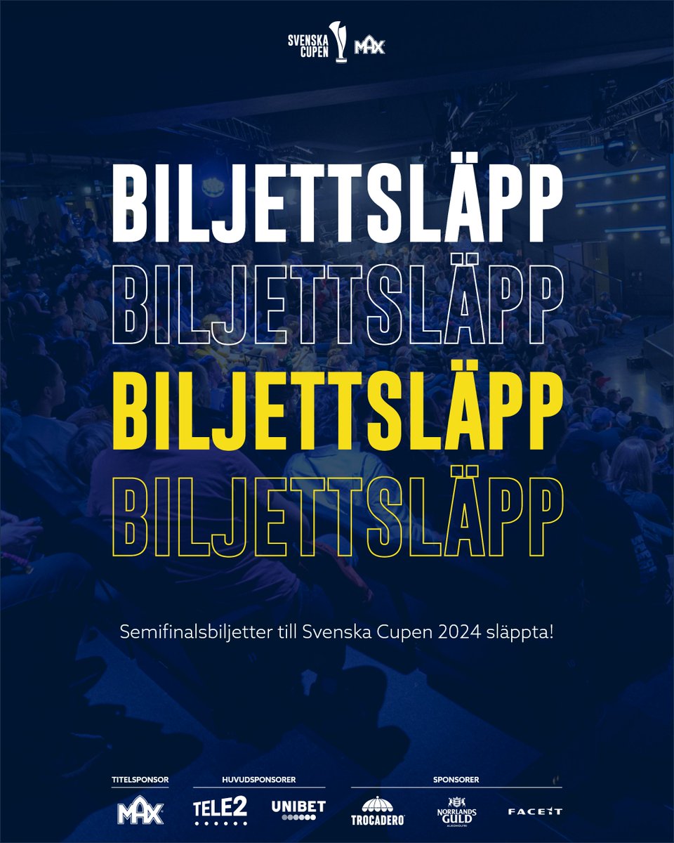 SvenskaCupenGG's tweet photo. Semifinalsbiljetter till Svenska Cupen 2024 släppta! 😍

Semifinalerna spelas i en mer intim miljö än finalen och vill man säkra en plats på fredagen rekommenderar vi att köpa biljetter i god tid! Vi ses på Posthuset! 💛💙