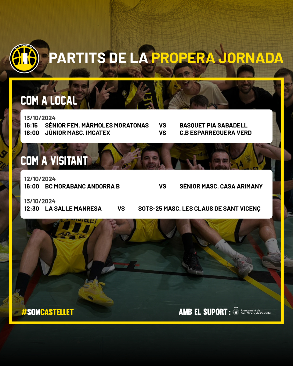 Arriba el cap de setmana, consulteu aquí l'activitat esportiva de la propera jornada.

#SomCastellet 💛