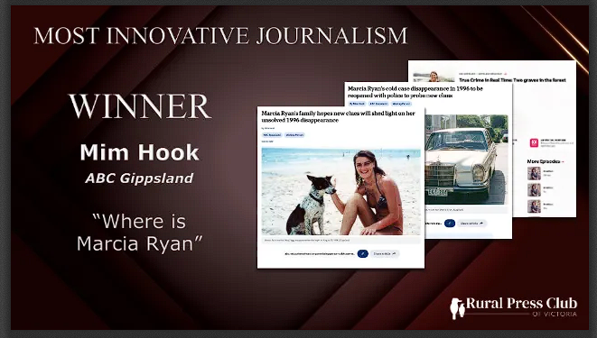 Congrats to winner of the #RPCVAwards 2024 Most Innovative Journalism:
Mim Hook of ABC Gippsland for Where is Marcia Ryan?’. Award sponsor: Porter Novelli
abc.net.au/listen/program…