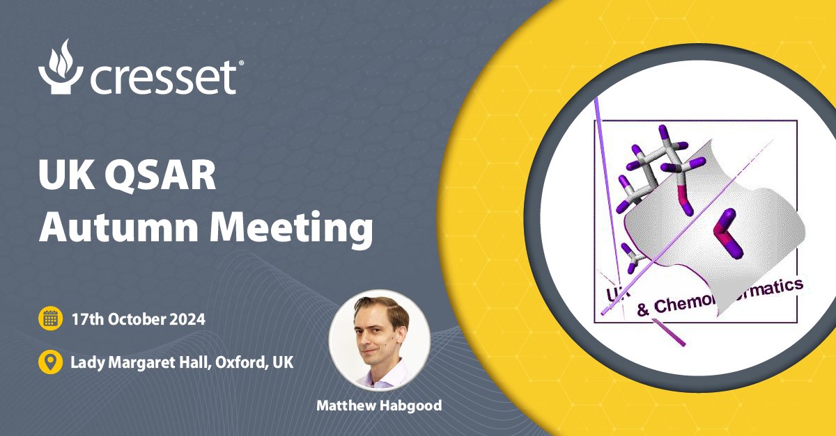 Next week, Principal Computational Chemistry Developer, Matthew Habgood will be attending the UK-QSAR Autumn meeting. If you're attending and would like to learn more about Cresset solutions, look out for Matthew.

#compchem #medchem #drugdiscovery #drugdesign #UKQSAR #DMTA