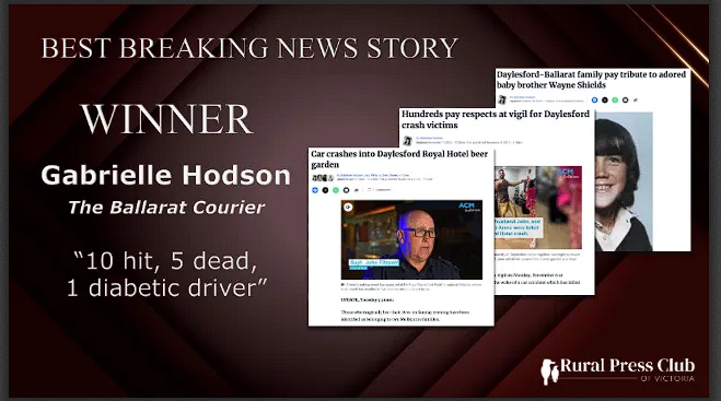 Congrats to winner of the #RPCVAwards 2024 Best Coverage of a Breaking News Event: Gabrielle Hodson of the Ballarat Courier for ‘10 hit, 5 dead, 1 diabetic driver’’. Award sponsor: Coles.
thecourier.com.au/story/8413827/…