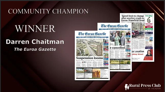 Congratulations to winner of the #RPCVAwards 2024 Community Champion Journalist Award: Darren Chaitman of the Euroa Gazette. Award sponsor: TAC