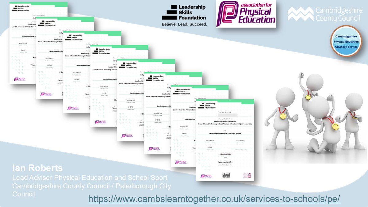 Cambridgeshire PE (@cambs_pe) on Twitter photo Delighted that 23/24 Level 6 Award in Primary PE Subject Leadership cohort all passed with flying colours. This was our 10th cohort, and feedback from external QA said there was very high standard of delegate work & Rigorous assessment practice observed! <a href="/afPE_PE/">Association for Physical Education</a> <a href="/LshipSkillsFdn/">Leadership Skills Foundation</a> Delighted that 23/24 Level 6 Award in Primary PE Subject Leadership cohort all passed with flying colours. This was our 10th cohort, and feedback from external QA said there was very high standard of delegate work & Rigorous assessment practice observed! <a href="/afPE_PE/">Association for Physical Education</a> <a href="/LshipSkillsFdn/">Leadership Skills Foundation</a>