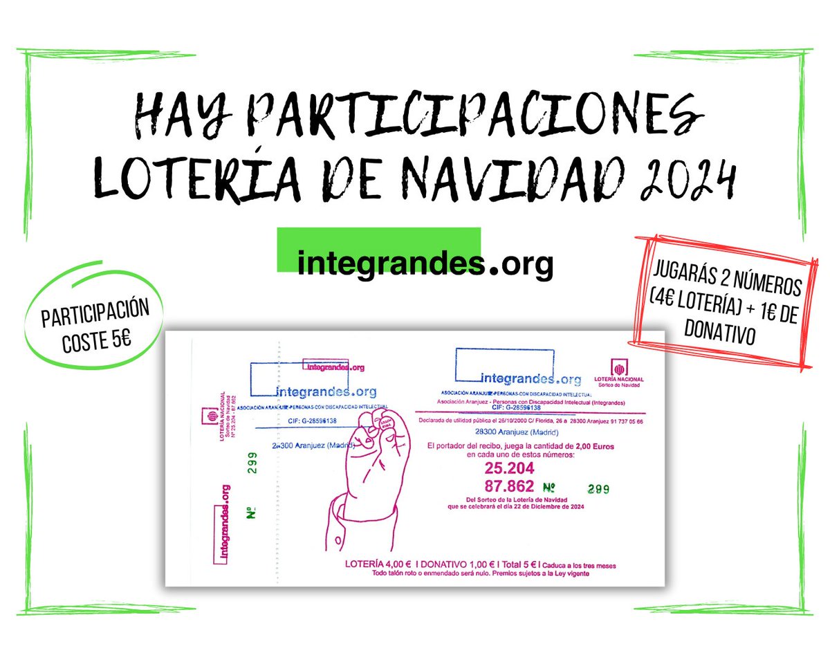 soyintegrande's tweet image. ¡Ya está disponible nuestra lotería de Navidad!🎉 

Con 5€ juegas 2 números:  
🎟 2€ al 25.204 (número histórico)  
🎟 2€ al 87.862 (número nuevo)  
+ 1€ donativo.  

Hazte con tu participación en nuestros centros de Aranjuez. ¡Que la suerte nos acompañe! 🍀

#Navidad2024