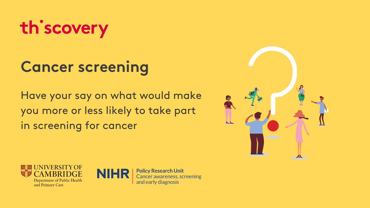 Thiscovery (@thiscoveryorg) on Twitter photo Detecting cancer early through a screening programme could save your life. But a false result can lead to further tests and potentially unnecessary treatment.
Our new project with <a href="/Cambridge_Uni/">Cambridge University</a> and <a href="/NIHRresearch/">National Institute for Health and Care Research</a> wants to hear your views.
Take part 👉 bit.ly/3XZpTDb Detecting cancer early through a screening programme could save your life. But a false result can lead to further tests and potentially unnecessary treatment.
Our new project with <a href="/Cambridge_Uni/">Cambridge University</a> and <a href="/NIHRresearch/">National Institute for Health and Care Research</a> wants to hear your views.
Take part 👉 bit.ly/3XZpTDb