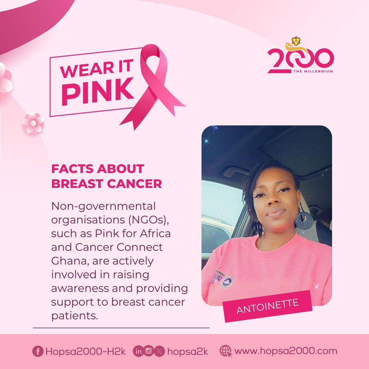 Breaking the Stigma: In Ghana, traditional attitudes towards mastectomy can discourage women from pursuing life-saving treatments. l.#WearItPink campaign to raise awareness 
#BreastCancerAwraeness
#HOPSA2000
#MillenniumMandate
#Actionsnotwords