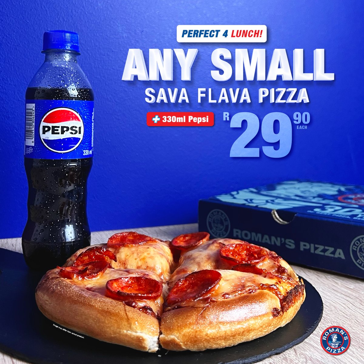 romans_pizza's tweet image. Lunchtime cravings? Sorted! 🍕🥤 Grab Any Small Sava Flava Pizza OR Pizza Pie + a 330ml Pepsi for only R29.90! 
But hurry—this tasty deal is only available until 4pm daily! ⏰ 
#LunchGoals #PizzaPerfection