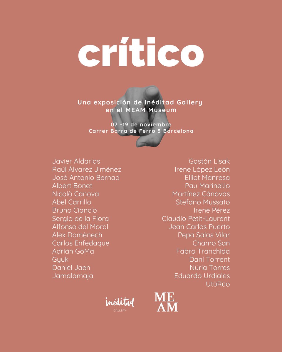ineditad's tweet photo. Nuestra primera colaboración con un museo ya es una realidad! ❤️‍🔥 Estamos emocionadísimos de anunciar que del 7 al 19 de noviembre vamos a presentar en el @MuseuMEAM de Barcelona la exposición "CRÍTICO 👇 https://t.co/OSTL5tD83H