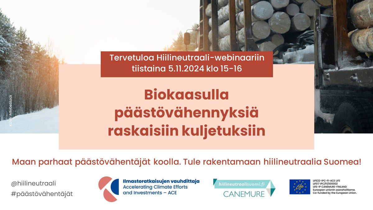 Hiilineutraali-webinaari tiistaina 5.11.2024 klo 15-16: Biokaasulla päästövähennyksiä raskaisiin kuljetuksiin. Katso ohjelma ja osallistumislinkki: hiilineutraalisuomi.fi/fi-FI/Ajankoht… Tervetuloa linjoille! #Ilmastoratkaisuja #päästönvähentäjät #biokaasu