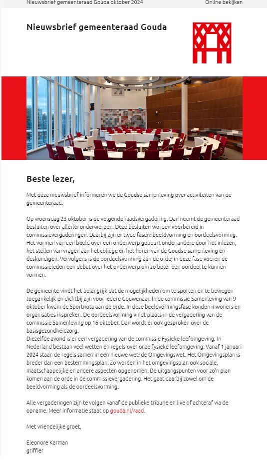 Vandaag versturen we de digitale nieuwsbrief van de #gemeenteraad #Gouda. Ook ontvangen? Aanmelden kan via gouda.nl/raad