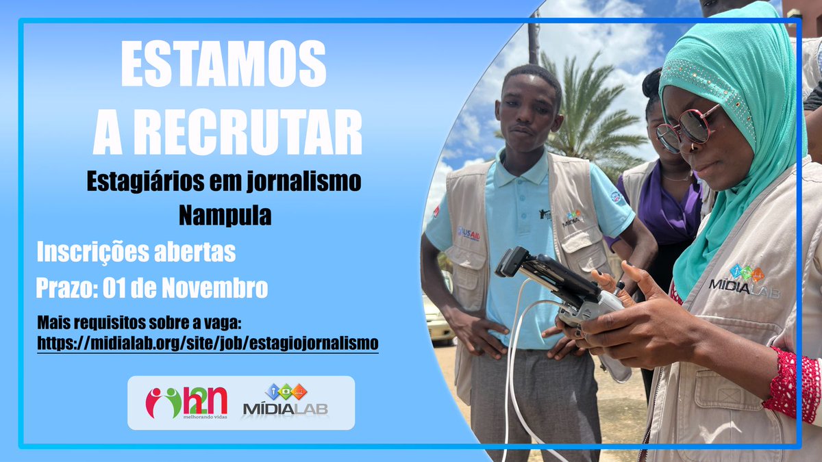 És jovem, motivado(a), interessado(a) na área de jornalismo investigativo? Esta oportunidade é para si!
<a href="/h2nmoz/">h2n - melhorando vidas</a> <a href="/USAIDMozambique/">USAID Mozambique</a> 

Para mais informações e requisitos, acesse: bit.ly/estagionampula
Para candidaturas, acesse: bit.ly/mlestagionampu…

Prazo: 01 de Novembro de 2024