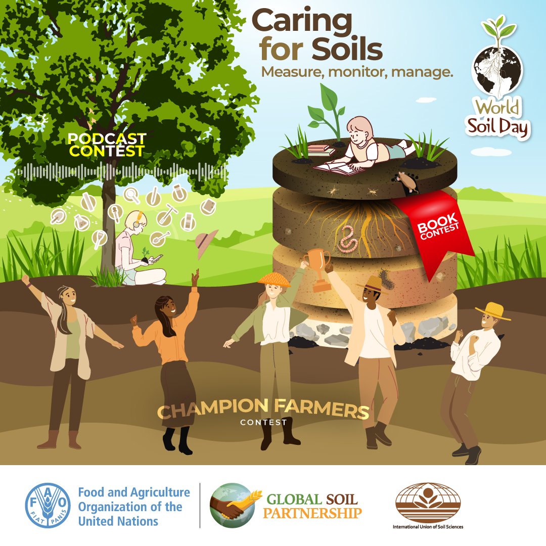 The #WorldSoilDay contests are now live! Educators, designers, farmers - this is your chance to celebrate #SoilHealth and win prizes 🏆 #GlobalSoilPartnership

📚 Booklet 👉🏿 fao.org/world-soil-day…
🎙️ Podcast 👉🏿 fao.org/world-soil-day…
🚜Champion farmers 👉🏿fao.org/world-soil-day…
