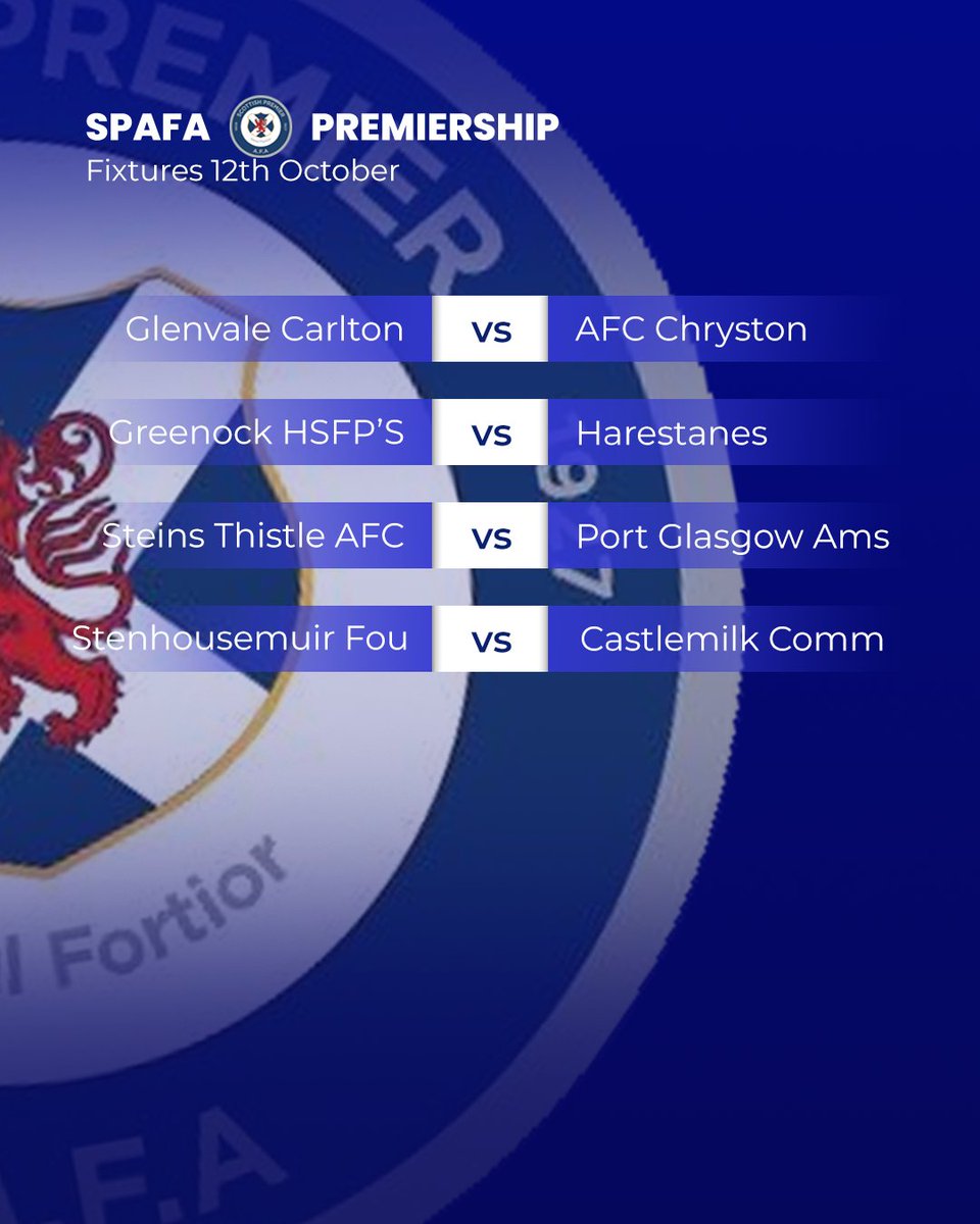 spafaofficial's tweet photo. Fixture Friday in the SPAFA
Here's the fixtures for 12th October. Some crackers in here.
@scottish_aff
#spafa https://t.co/RwZ8lZOynr