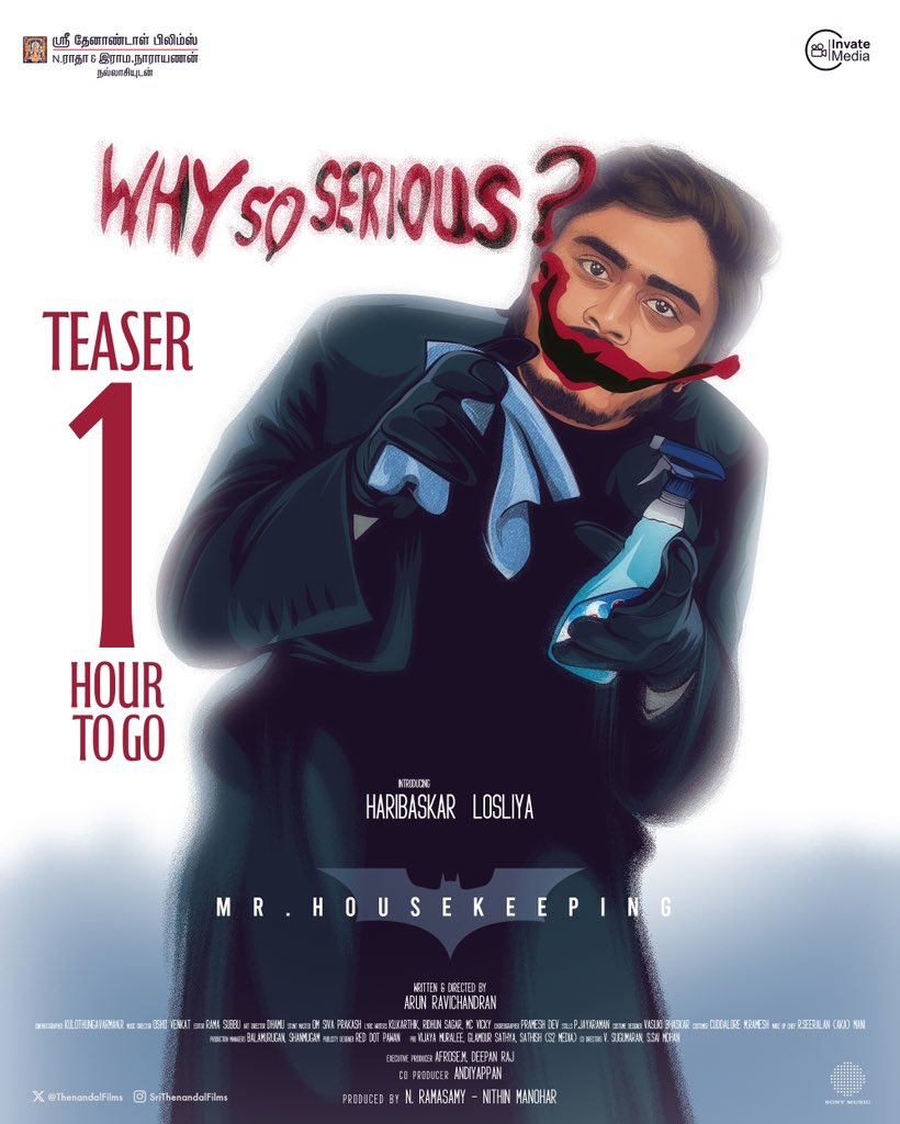 Thenandal Films (@thenandalfilms) on Twitter photo Put away your “Why so serious” face because Mr.Housekeeping teaser Is dropping in 1 hour!! 🃏
Teaser from 5 PM today
#MrHousekeepingTeaser #Mrhousekeeping #SriThenandalFilms #TSL #InvateMedia #HariBaskar #Losliya
Written & Directed by:
#ArunRavichandran
<a href="/ThenandalFilms/">Thenandal Films</a> Put away your “Why so serious” face because Mr.Housekeeping teaser Is dropping in 1 hour!! 🃏
Teaser from 5 PM today
#MrHousekeepingTeaser #Mrhousekeeping #SriThenandalFilms #TSL #InvateMedia #HariBaskar #Losliya
Written & Directed by:
#ArunRavichandran
<a href="/ThenandalFilms/">Thenandal Films</a>