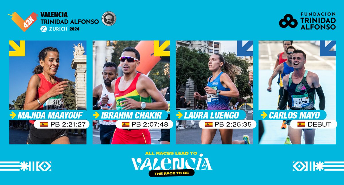 📢 Estos son algunos de los atletas españoles que correrán el próximo 1 de diciembre el #42KValencia

➡️ Majida Maayouf
➡️ Ibrahim Chakir
➡️ Laura Luengo
➡️ Carlos Mayo

Consulta la lista completa en maratonvalencia.com
